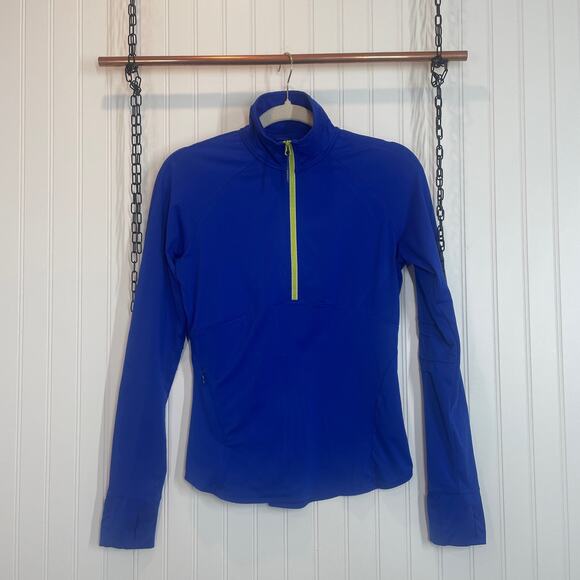 Athleta Jackets & Blazers - Athleta Blue with Neon Trim Quarter Zip Mock Neck Pullover Track Jacket Size XS